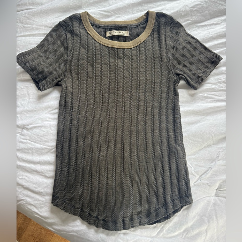 Free People Tee Green Textured Stripes